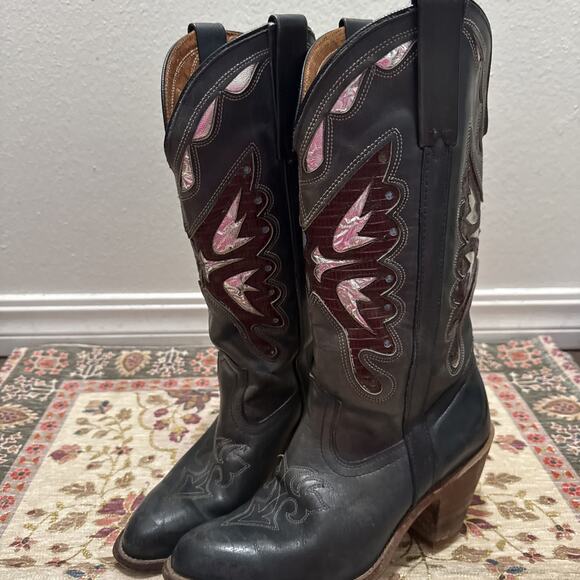 Vintage Miss Capezio 14" Tall Blue Leather Cowboy Boots Butterfly Size 8 M - Picture 5 of 12